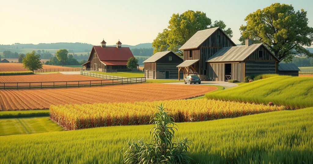A serene farm landscape with crops and barns under a bright sky, symbolising industry resilience.