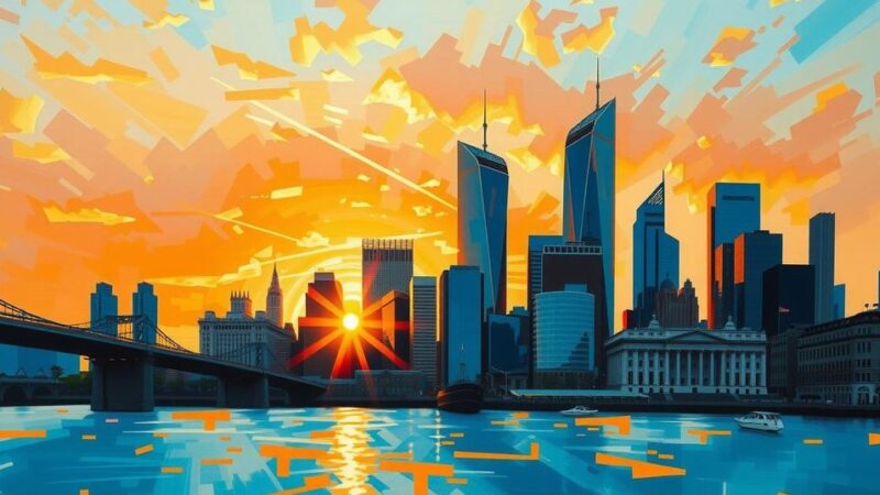 A symbolic representation of political ambition depicting a sunrise over a city skyline, in hues of orange and blue.