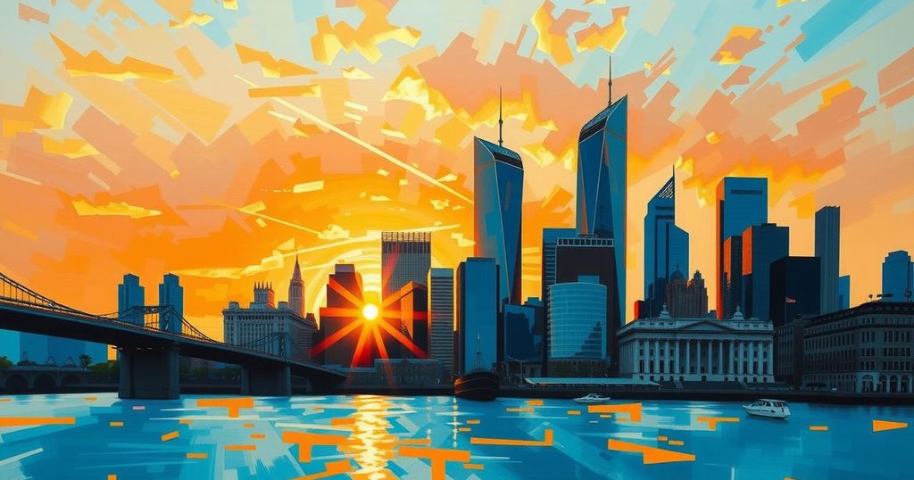 A symbolic representation of political ambition depicting a sunrise over a city skyline, in hues of orange and blue.