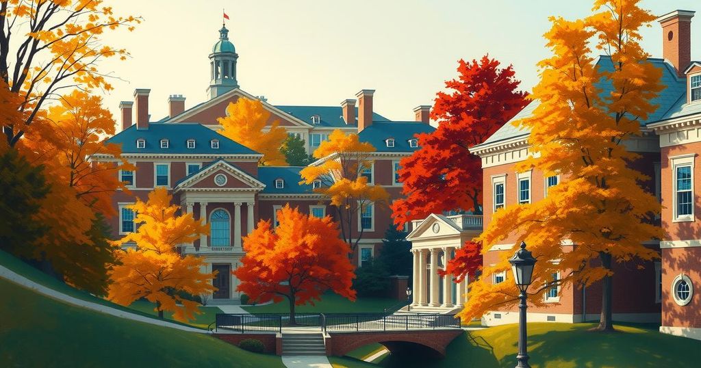 Harvard University campus with academic buildings, surrounded by trees in autumn colours, symbolising educational conflicts.