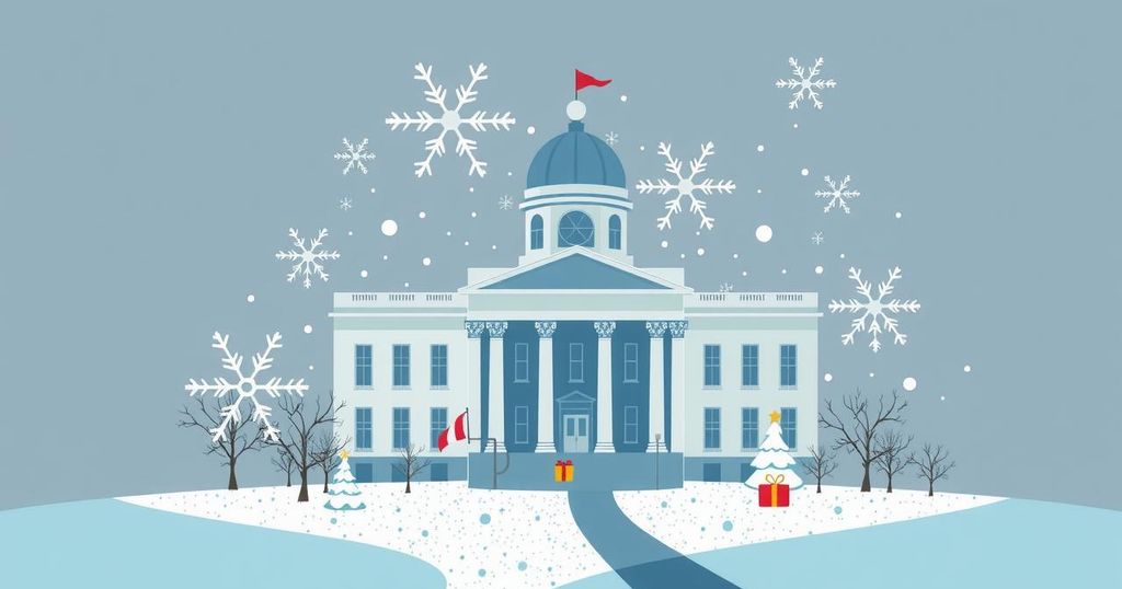 A symbolic representation of Congress in turmoil with abstract buildings and snow, reflecting holiday shutdown uncertainty.