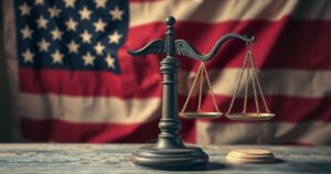 A conceptual design of a gavel and scales of justice against a backdrop of an American flag, emphasising legal authority.