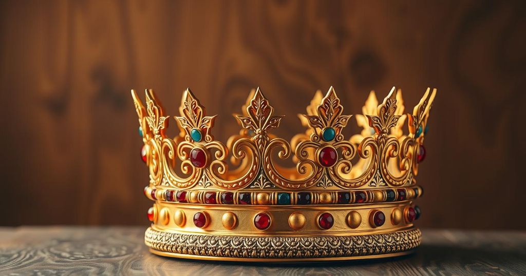 A golden crown resting on a wooden surface, symbolising power and ambition, in warm tones.