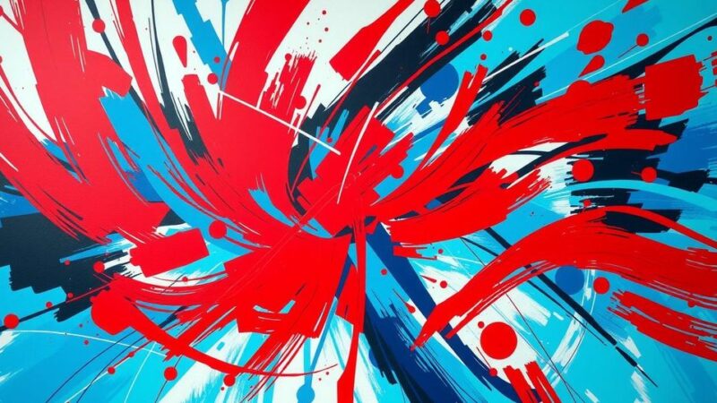 Abstract representation of chaotic political change with bold red and blue colors and dynamic brush strokes.