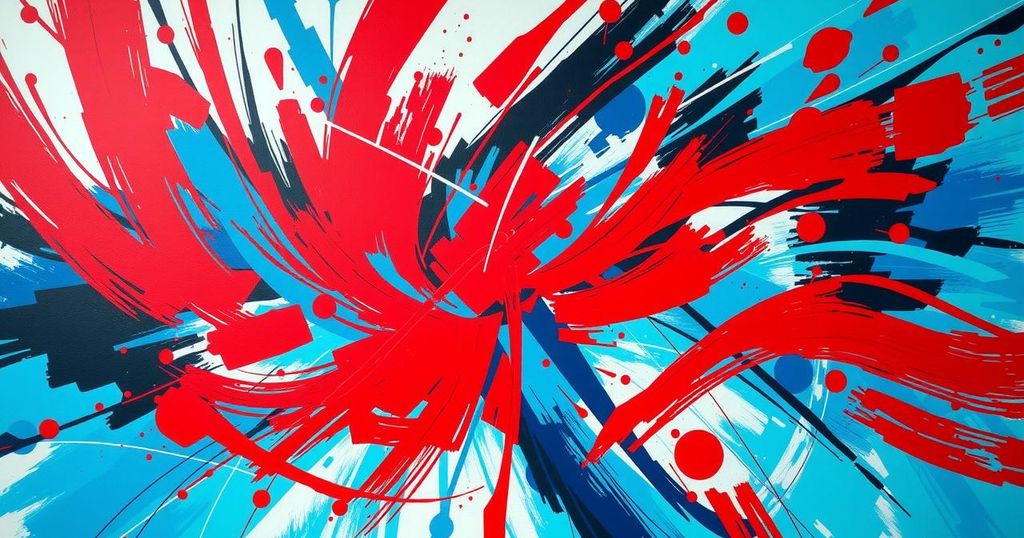 Abstract representation of chaotic political change with bold red and blue colors and dynamic brush strokes.