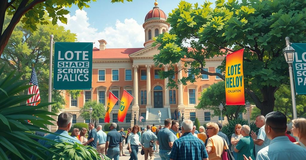 A bustling Rhode Island Statehouse with vibrant banners and trees, reflecting civic engagement and democracy in motion.