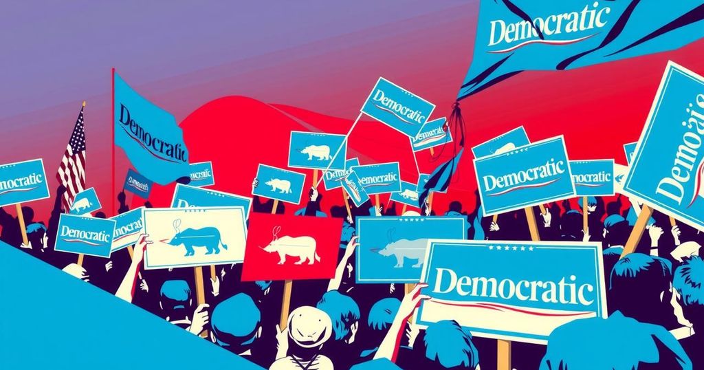A political scene depicting a dynamic gathering of Democratic Party symbols and protest elements, vibrant colours.