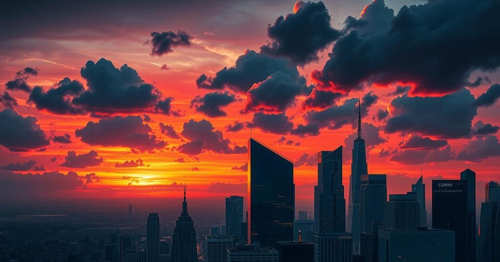 A dramatic city skyline at sunset, with dark clouds hinting at tension, illustrating political intrigue and power dynamics.
