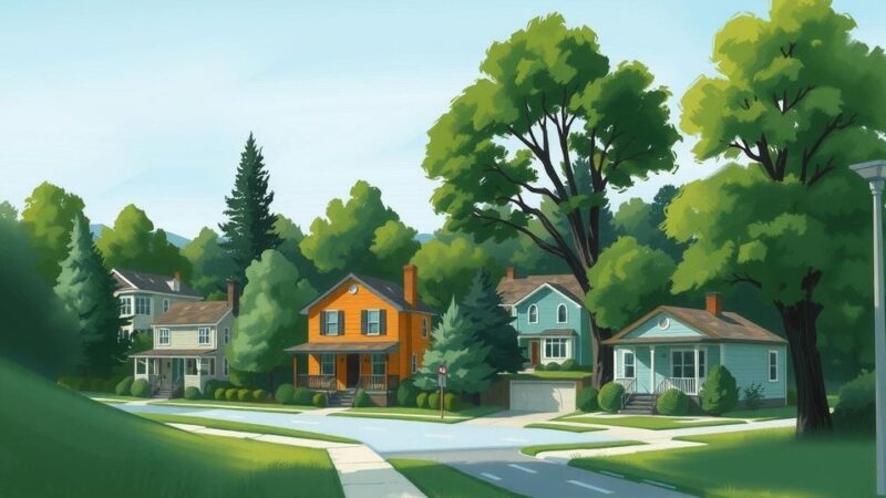 A serene landscape with a peaceful neighbourhood scene, surrounded by trees and a clear sky, reflecting independent thought.