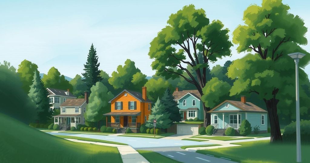 A serene landscape with a peaceful neighbourhood scene, surrounded by trees and a clear sky, reflecting independent thought.
