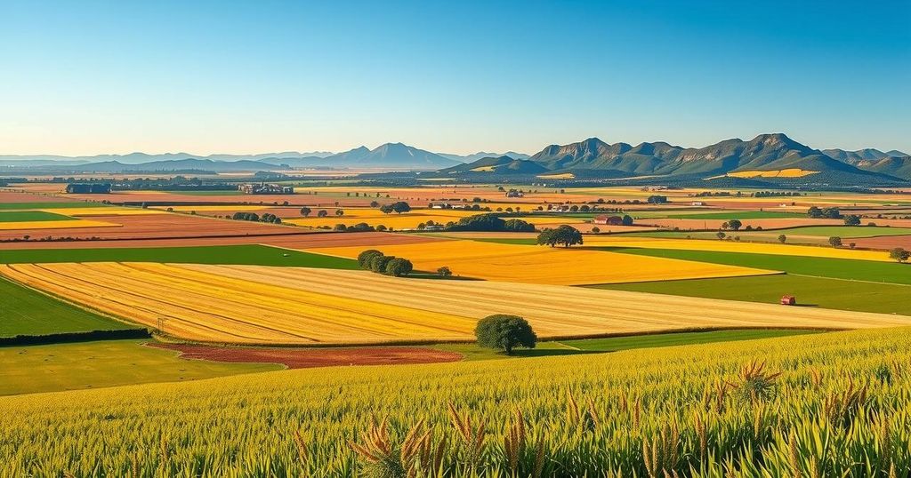 A serene South African landscape with farmland and lush greenery depicting agrarian life.