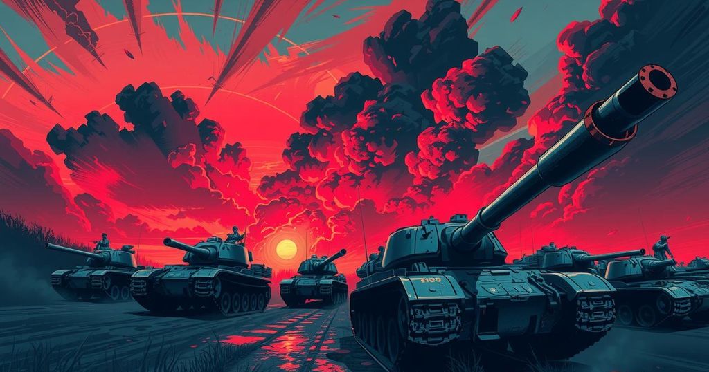 A politically themed illustration depicting military presence in a tense atmosphere, with vivid reds and blues.