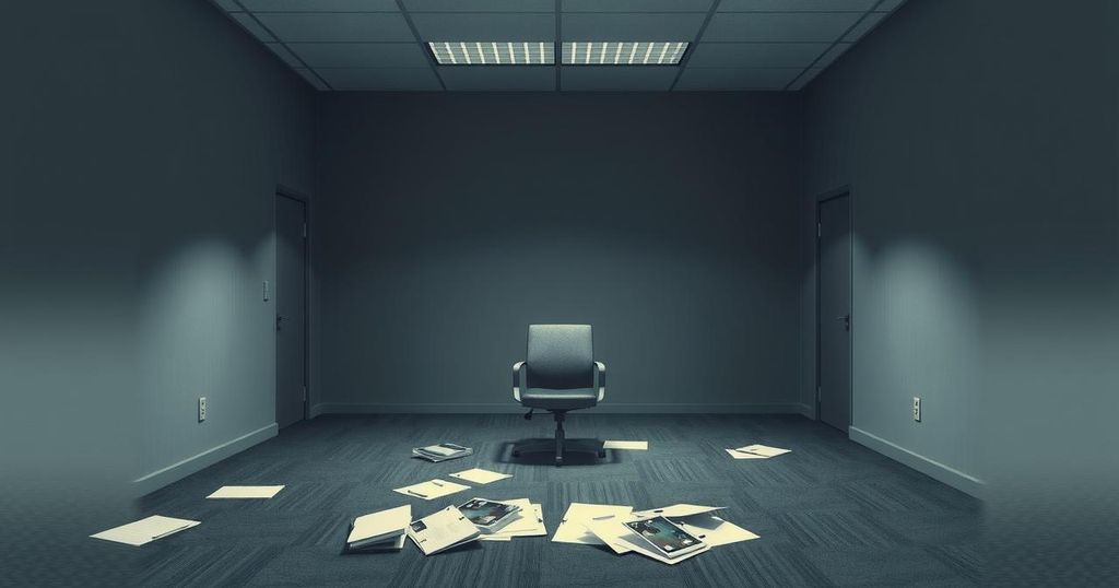Symbolic representation of job terminations with an empty office, scattered files, and a solitary chair under dim lighting.
