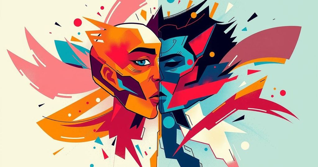 A digital art piece illustrating a generational divide, featuring contrasting vibrant colours and abstract shapes representing conflict.