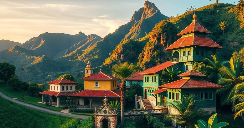 A vibrant Salvadoran landscape featuring mountains and traditional architecture, symbolising international relations.