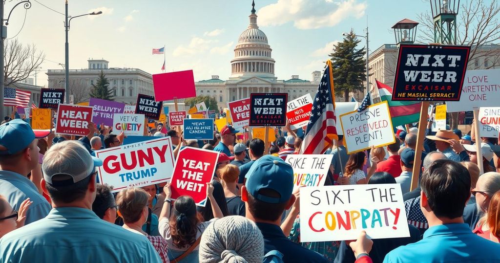 A diverse crowd at a political rally, with vibrant signs and banners against a backdrop of the U.S. Capitol building.