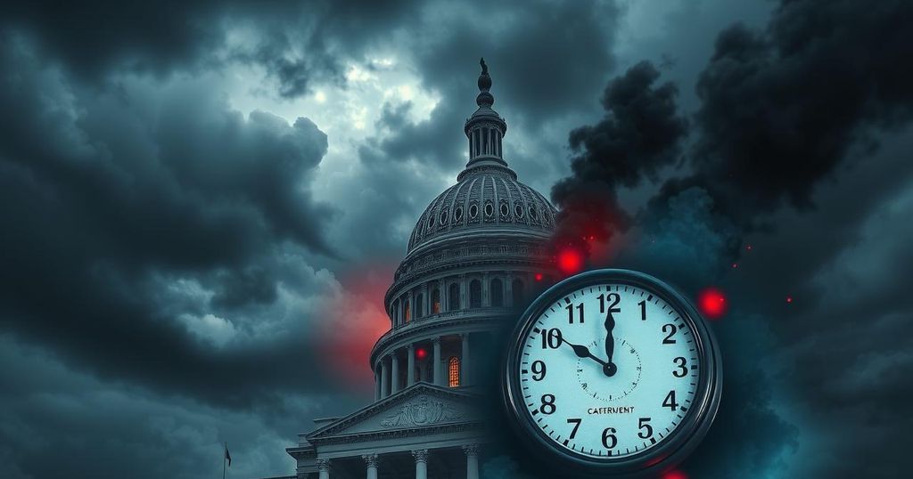 Illustration of a darkened Capitol building surrounded by a clock ticking, symbolizing urgency for government funding.