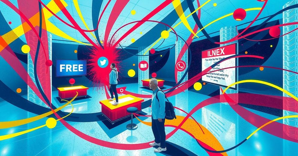 Digital town square with vibrant abstract colours illustrating the clash of free speech and political discourse online.