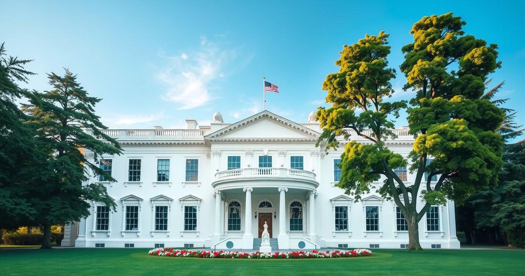 A white house building surrounded by flags on a bright day, symbolising international diplomacy and talks.
