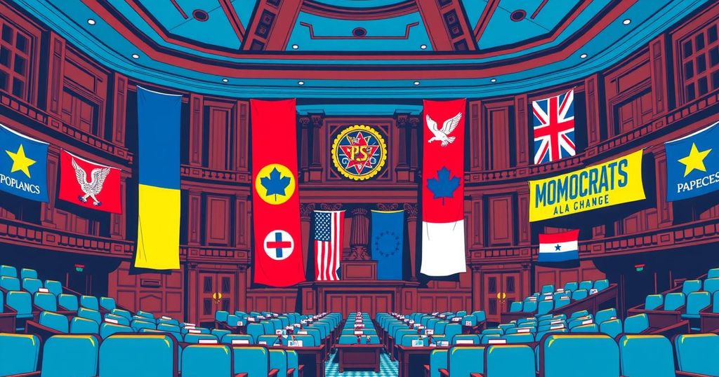 A vibrant scene depicting an empty legislative chamber with banners advocating for change, in a bold pop art style.