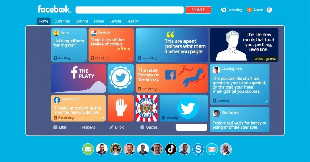 A digital representation of a social media platform interface with political themes and contrasting viewpoints.