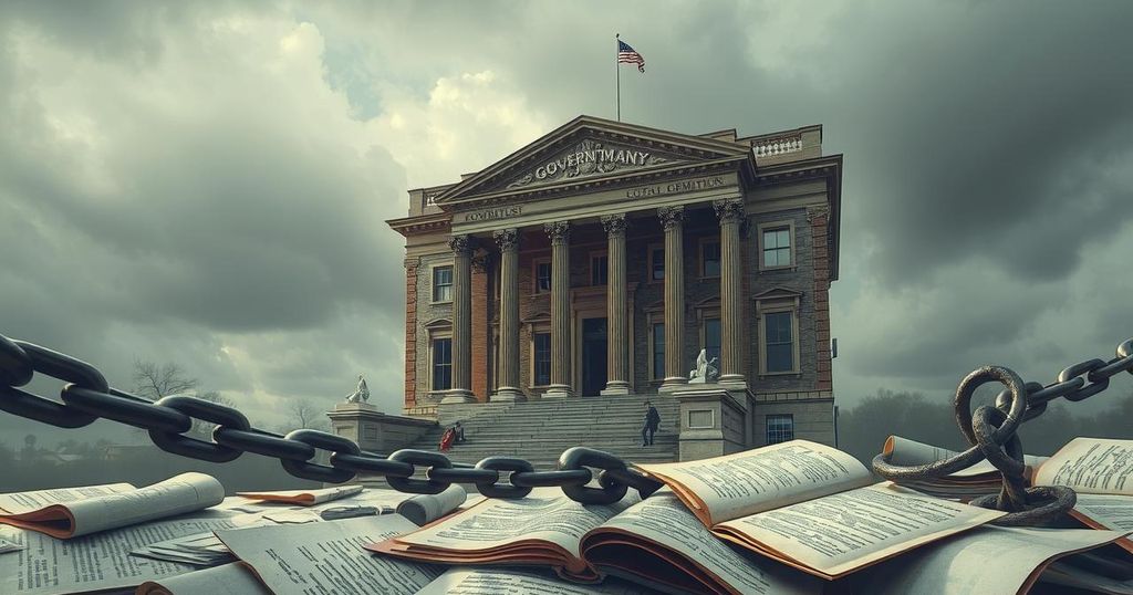 A symbolic depiction of a government building with broken chains and fading documents, symbolizing a potential shutdown.