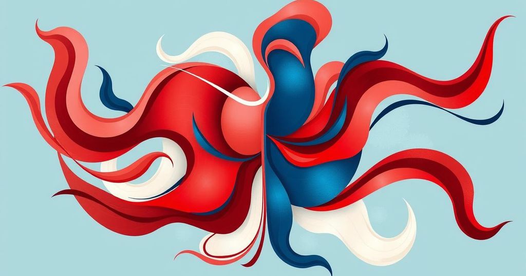 A symbolic representation of bipartisan government cooperation with abstract art blending patriotic colours.