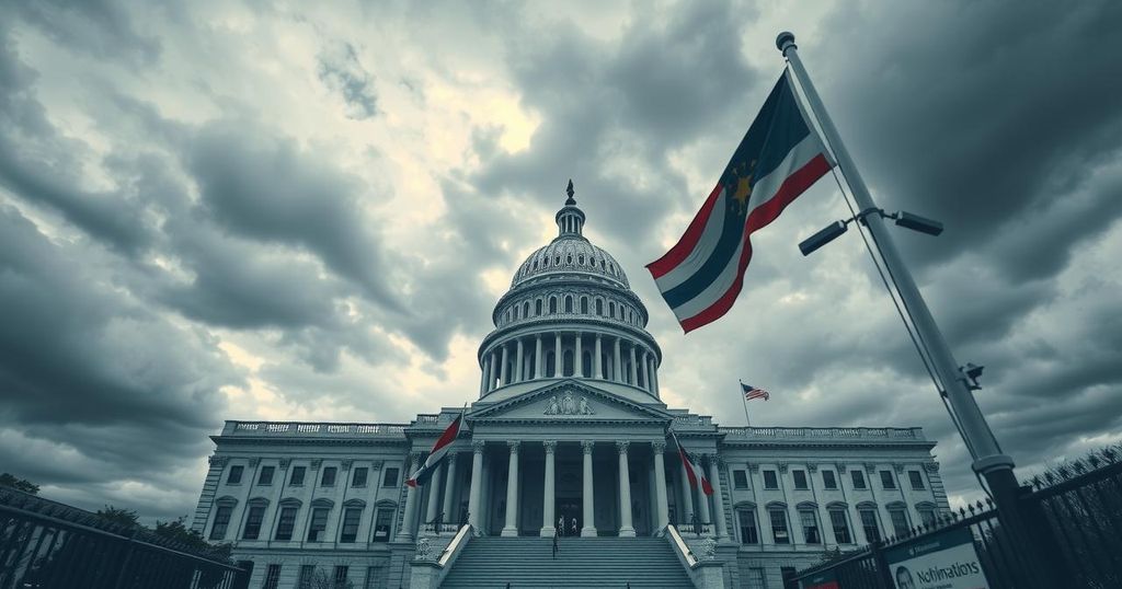 Political landscape with Capitol building, legislative focus on budget and nominees, in muted tones of grey and blue
