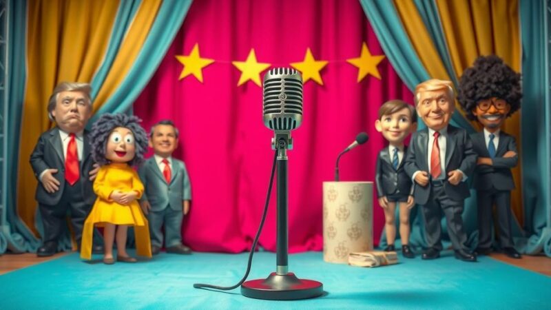 A colourful stage set with a microphone and comedic props, symbolising political satire and comedy.