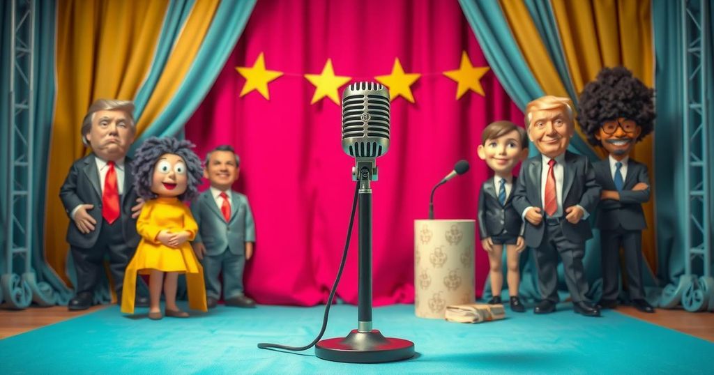A colourful stage set with a microphone and comedic props, symbolising political satire and comedy.