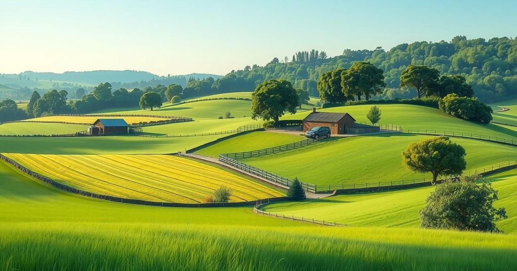 A calm agricultural landscape with farms and fields, reflecting a serene atmosphere amidst policy changes.