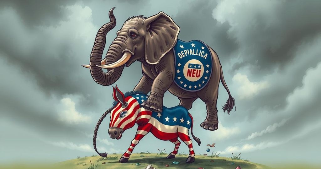A stylised political scene with an elephant symbolising conservatism juxtaposed against a divided Democratic donkey, in muted tones.