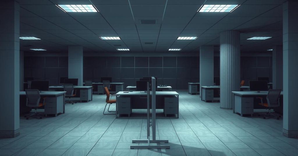 A stylised illustration of an empty office space with empty desks and dimmed lights, symbolising workforce reduction.