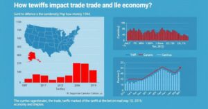 Three charts illustrating the impact of tariffs on trade and economy, featuring data visuals in blue and red hues.