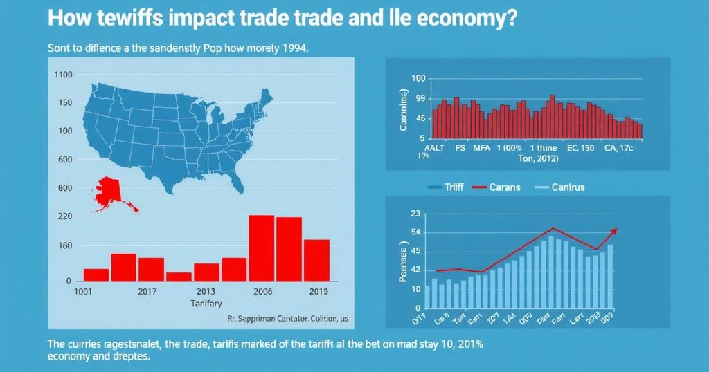 Three charts illustrating the impact of tariffs on trade and economy, featuring data visuals in blue and red hues.