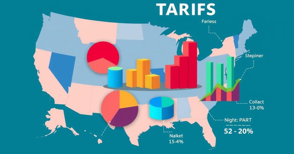 Tariff impact visualisation with US map, colourful graphs, and economic data, evoking economic themes.