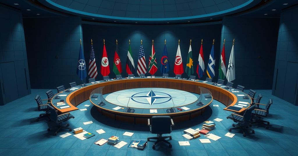 NATO meeting at the White House discussing Ukraine conflict, with flags and diplomatic symbols.