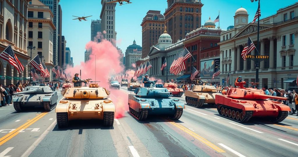 Vibrant military parade in Washington with tanks and aircraft, showcasing American strength in a patriotic celebration.