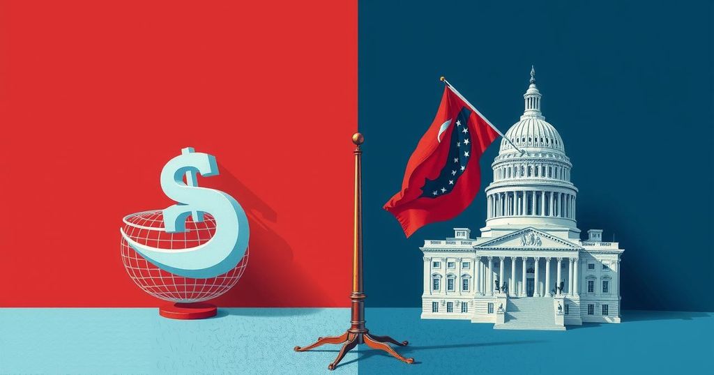 Political debate scene with two opposing symbols representing disagreement in government funding issues.