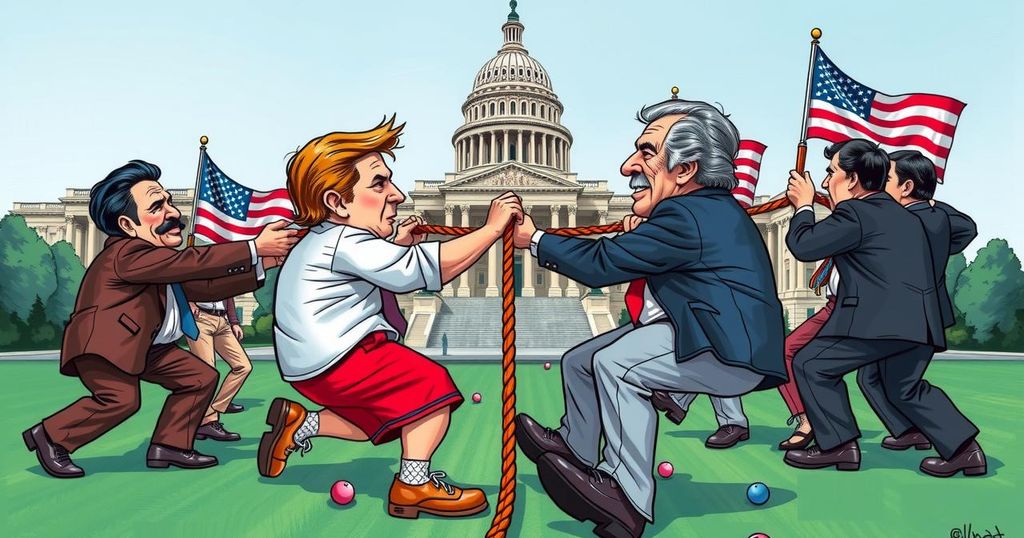 A political cartoon illustrating a tug-of-war between Democrats and Republicans in front of the US Capitol, showing fierce debate.