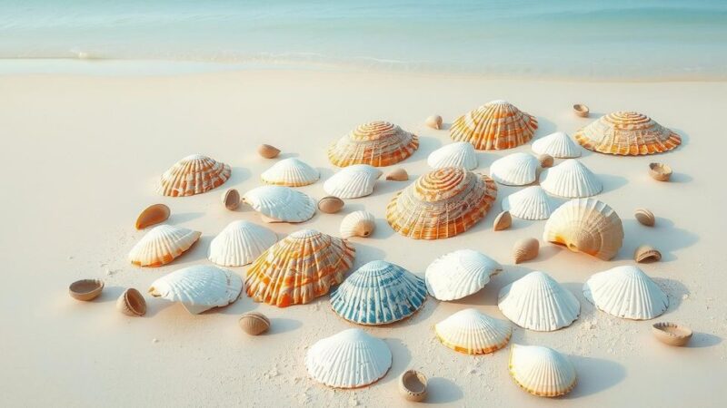 A beach scene with decorative seashells arranged artistically, reflecting political symbolism in a calm environment.