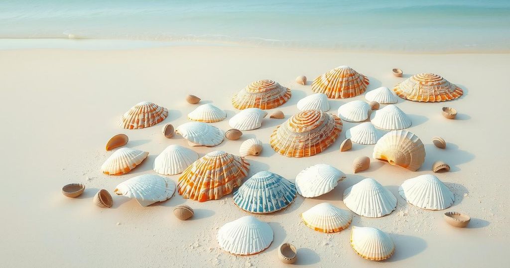 A beach scene with decorative seashells arranged artistically, reflecting political symbolism in a calm environment.