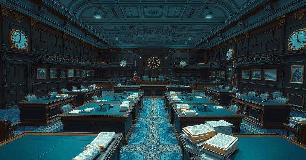 Senate chamber with empty seats and financial documents spread on a table, reflecting a political standoff during negotiations.