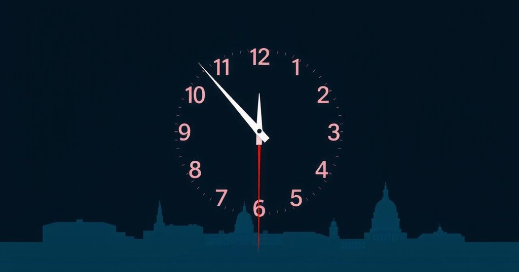 A dramatic clock face showing midnight approaching with dark skies and government buildings in silhouette, symbolizing urgency.