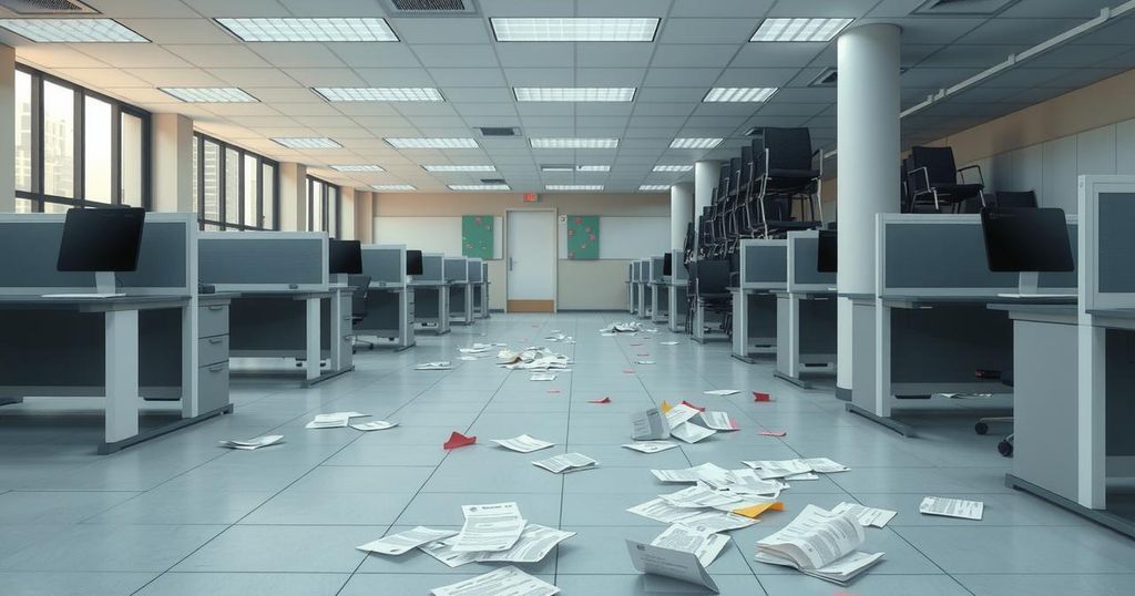 A detailed scene of an empty government office with stacked chairs and scattered papers, indicating workforce reduction.