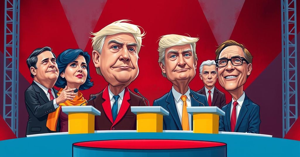 Illustration depicting a political debate with exaggerated caricatures, bold colours, and a dramatic backdrop.