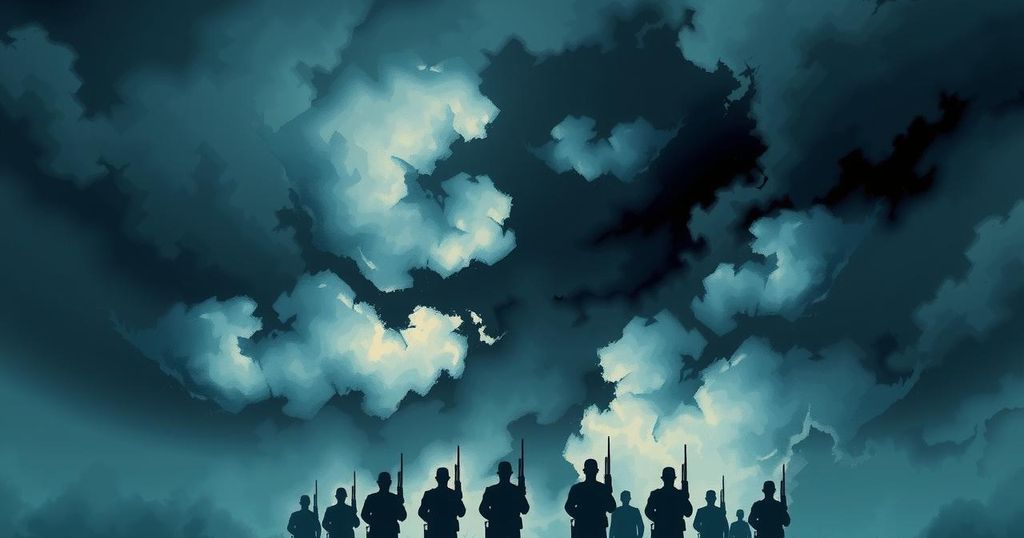 Abstract representation of political tension with military silhouettes and a stormy sky in dark colours.