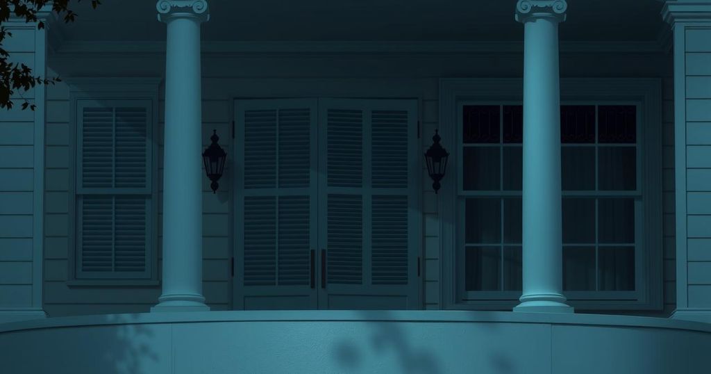 A darkened White House residence with closed shutters and soft lighting, conveying a sense of absence and mystery.