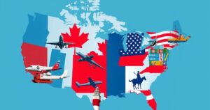 Map of Canada and the US with political symbols, showing trade, defense, and military elements in contrasting colours.