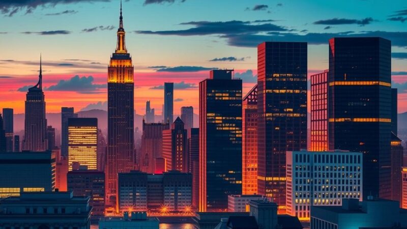 New York skyline at dusk, symbolizing a political comeback and ambition, captured in vibrant colours with a modern style.